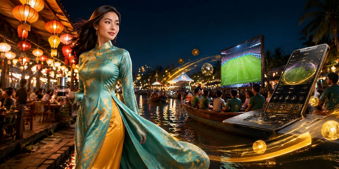 Người phụ nữ mặc áo dài xem kèo cá cược thể thao tại vùng đồng bằng Mekong